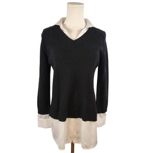 Saks Fifth Avenue Cashmere Sweater Tunic Top Collared Layered Look Black Medium